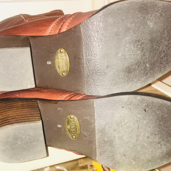 FOSSIL Felicia woven leather riding heeled knee high boots Cognac Brown Size 8 - Picture 12 of 12